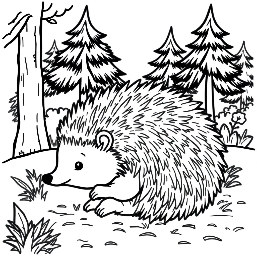 Hedgehog Curled Up In Forest Coloring Page