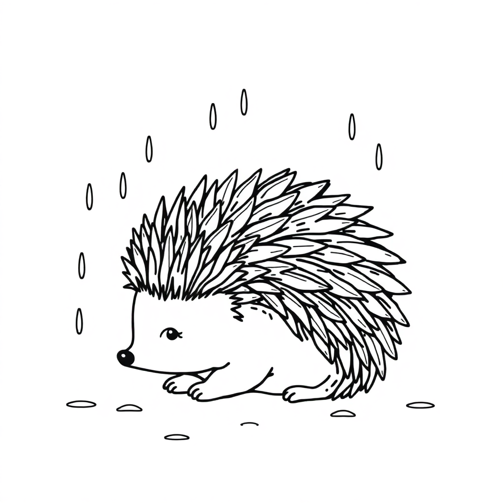 Hedgehog Curled Up In Rain Coloring Page