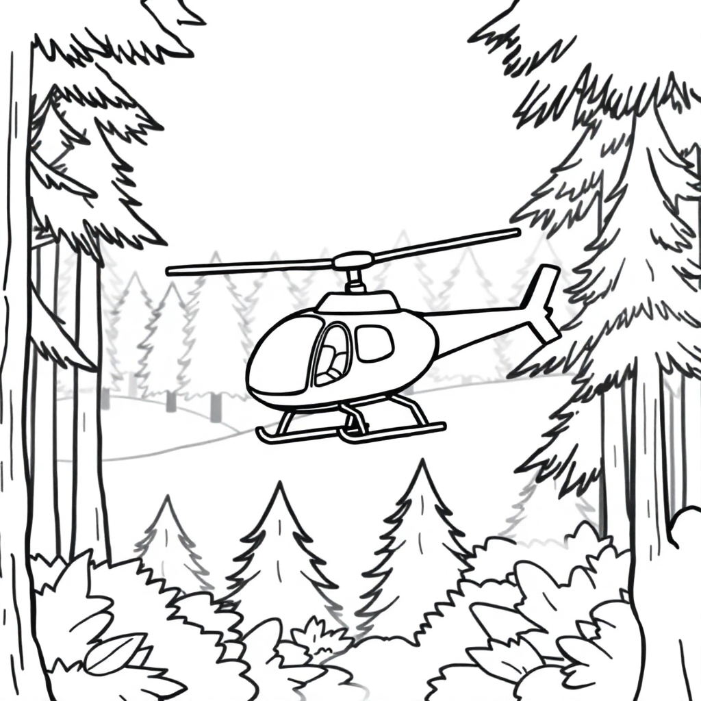 Helicopter Flying In Forest Coloring Page