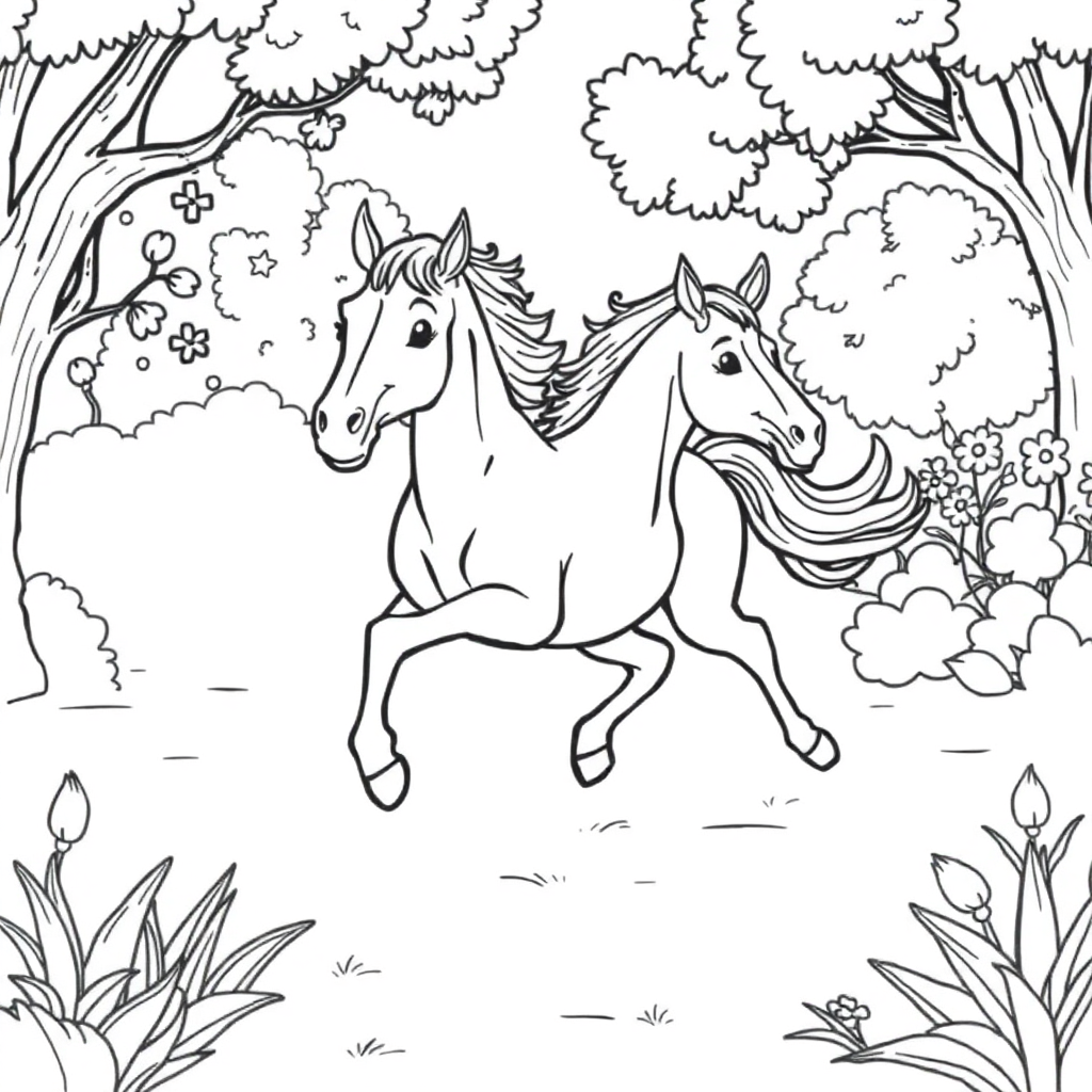 Horse Running In Garden Coloring Page