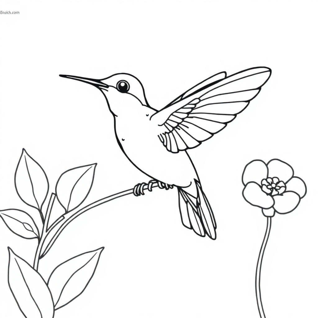 Hummingbird Near Flower In Garden Coloring Page
