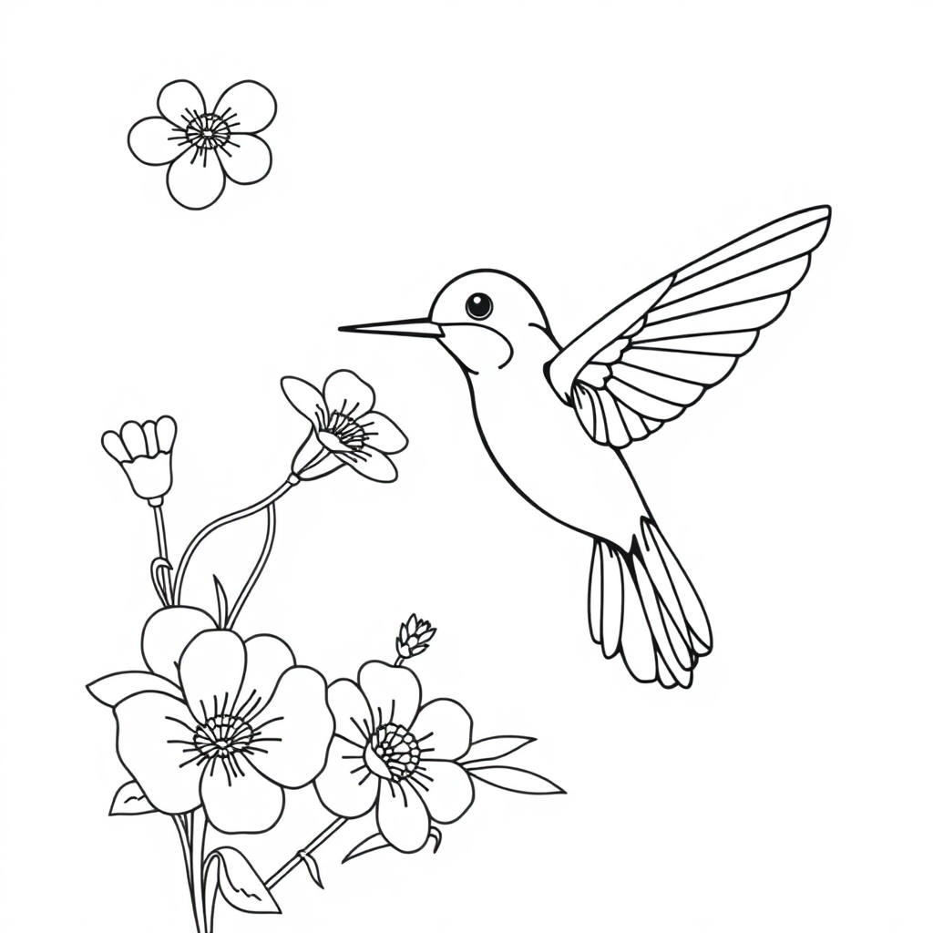 Hummingbird Near Flower With Flowers Coloring Page