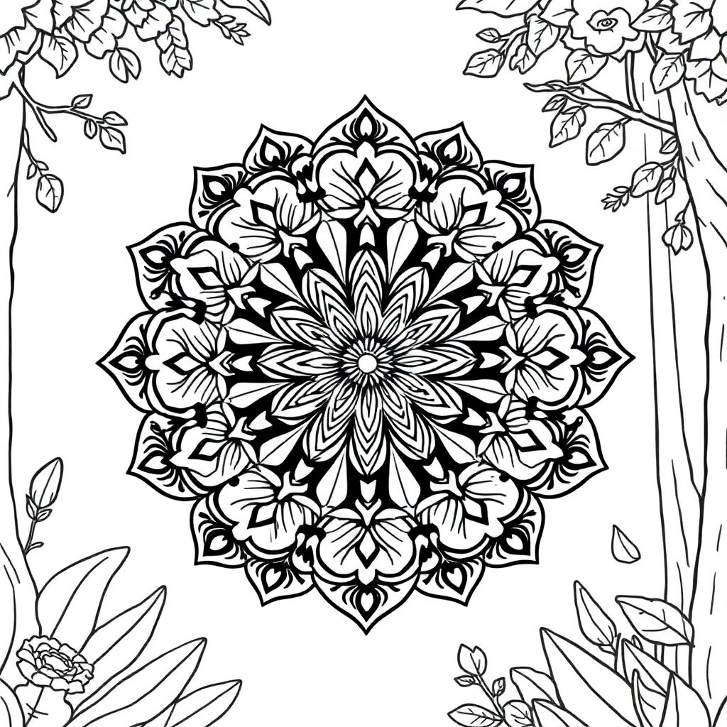 Intricate Floral Mandala In Forest Coloring Page
