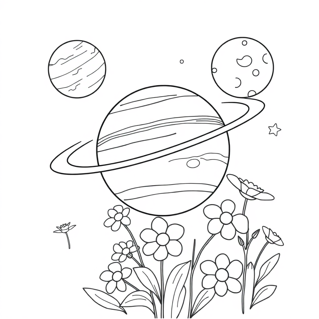 Jupiter And Moons With Flowers Coloring Page