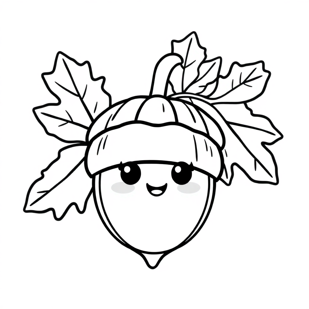 Kawaii Acorn And Oak Leaves Coloring Page