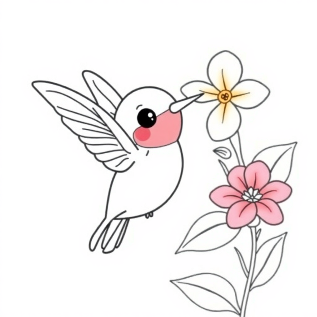 Kawaii Hummingbird Near Flower Coloring Page