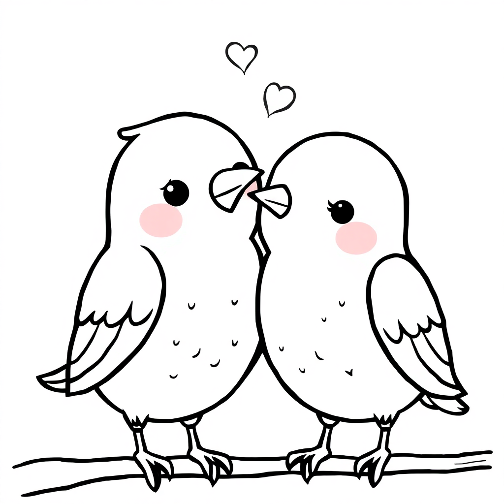 Kawaii Love Birds Coloring Page