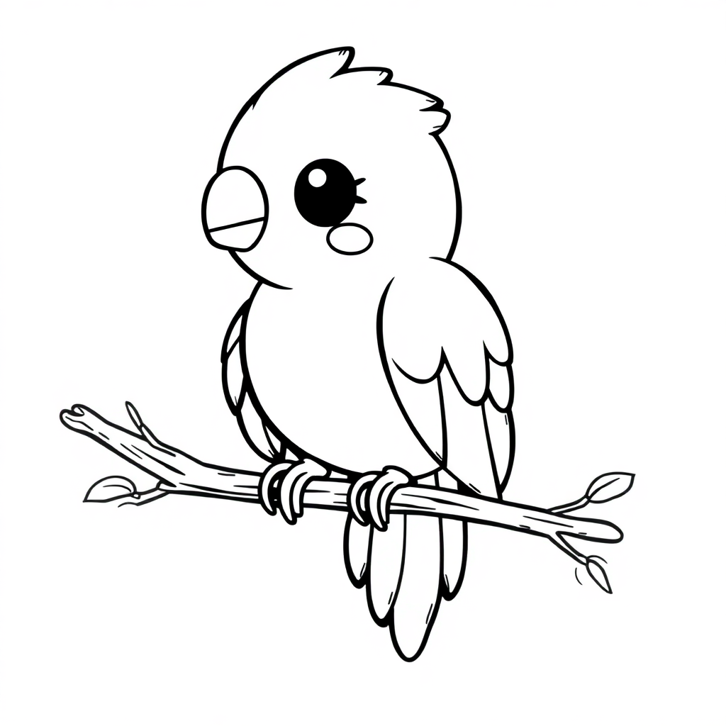 Kawaii Parrot On Branch Coloring Page