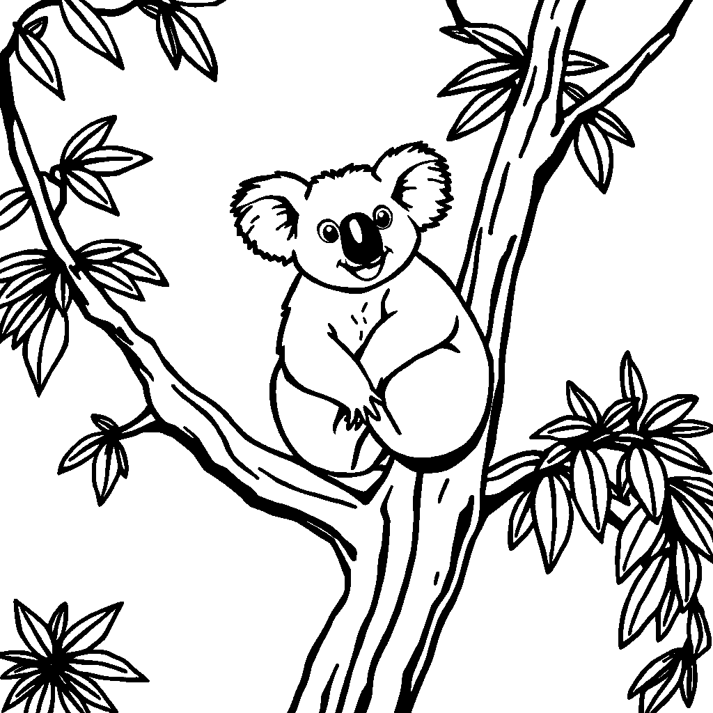 Koala On Tree At Sunset Coloring Page