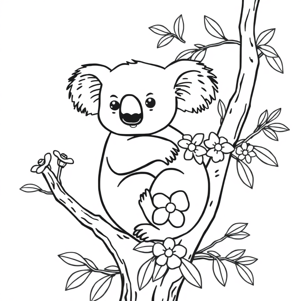 Koala On Tree With Flowers Coloring Page