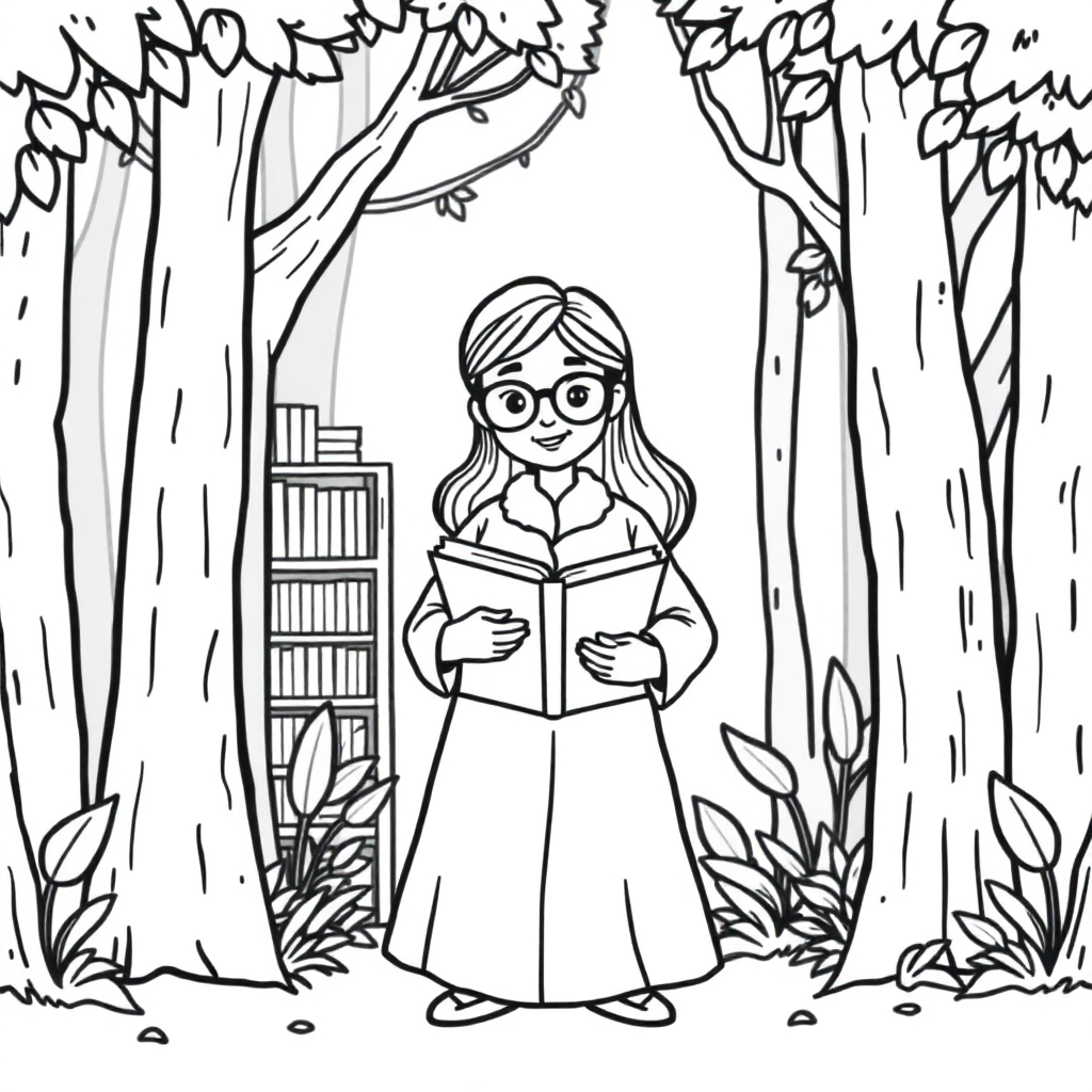 Librarian With Books In Forest Coloring Page