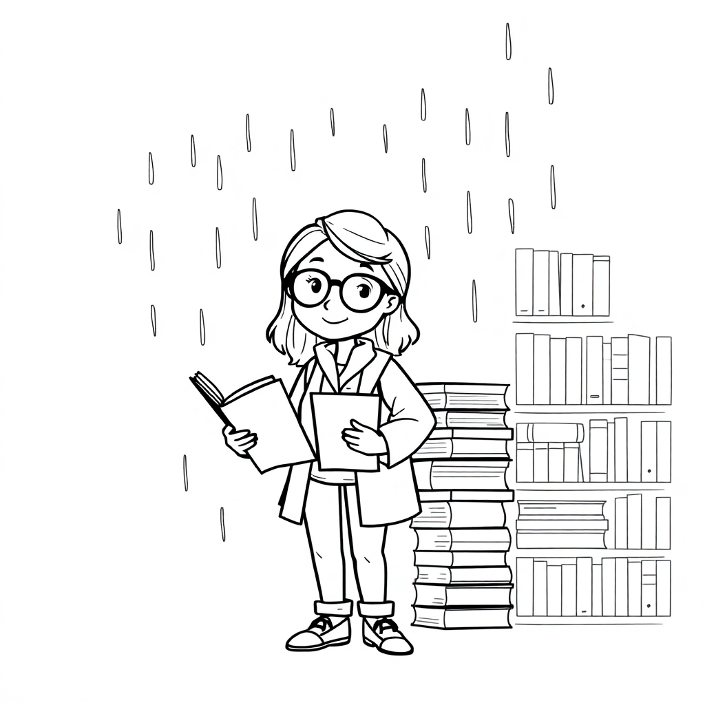 Librarian With Books In Rain Coloring Page