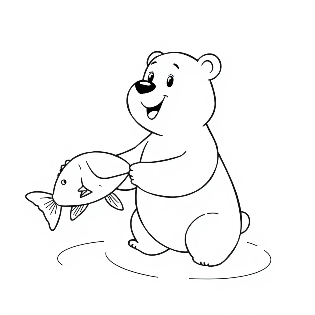 Magical Bear Catching Fish Coloring Page