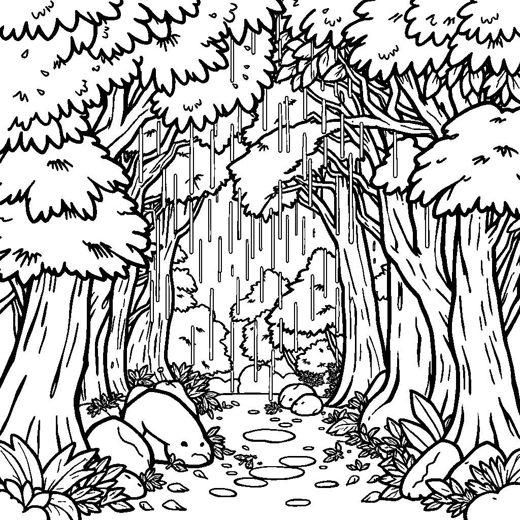 Magical Forest In Rain Coloring Page