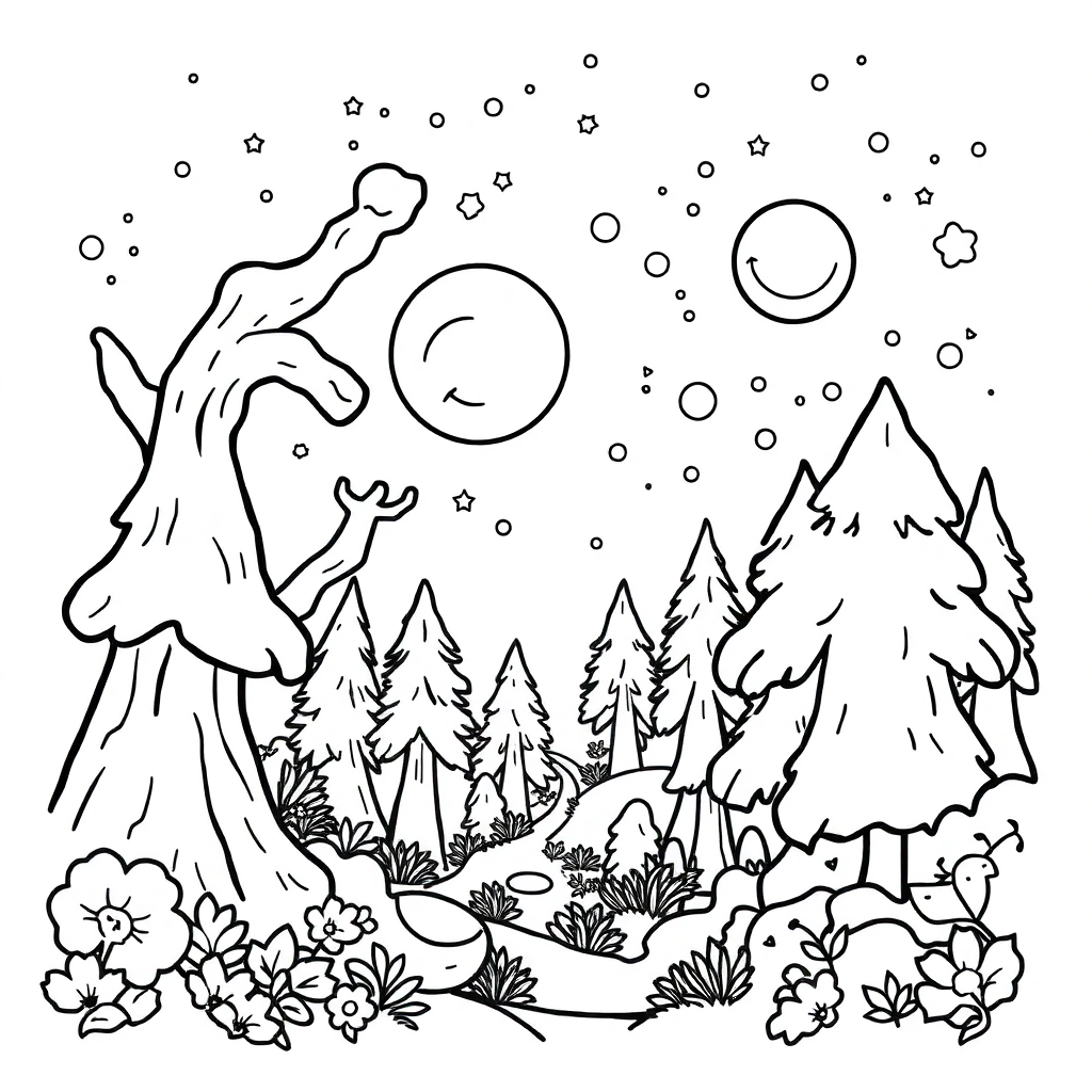 Detailed Magical Forest In Space Coloring Page