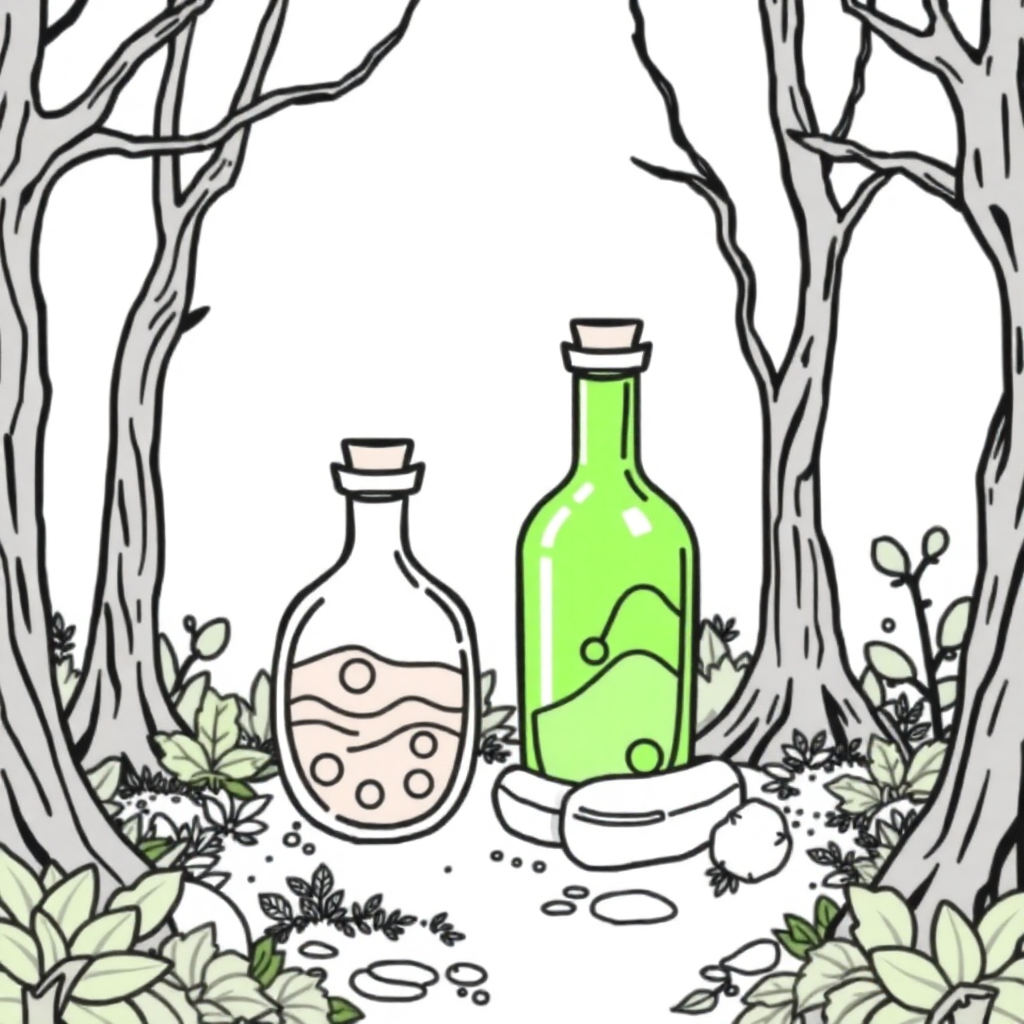 Magical Potion Bottles In Forest Coloring Page
