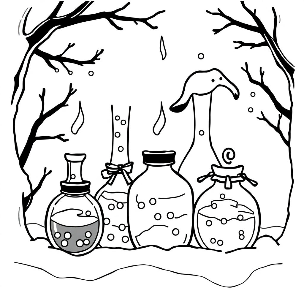 Magical Potion Bottles In Winter Coloring Page