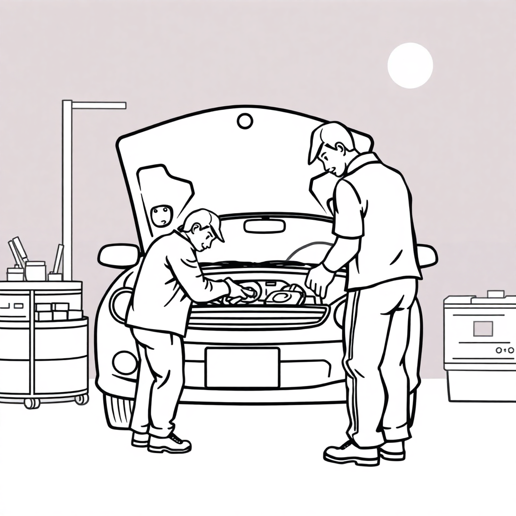 Mechanic Fixing Car At Night Coloring Page