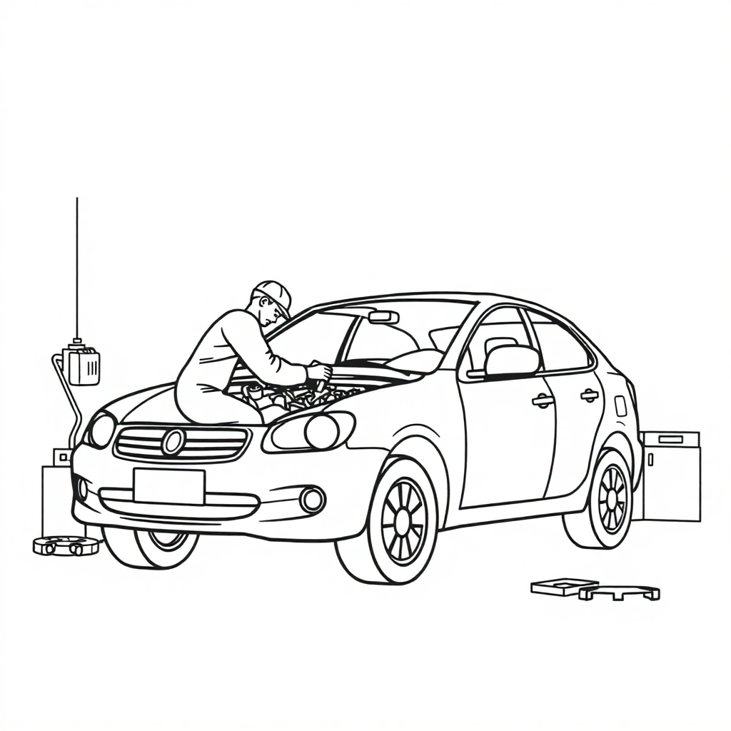 Mechanic Fixing Car In Space Coloring Page