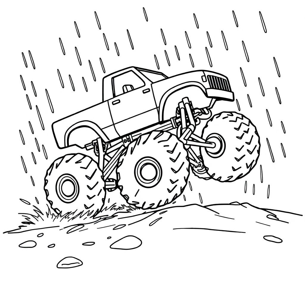 Monster Truck Jumping In Rain Coloring Page