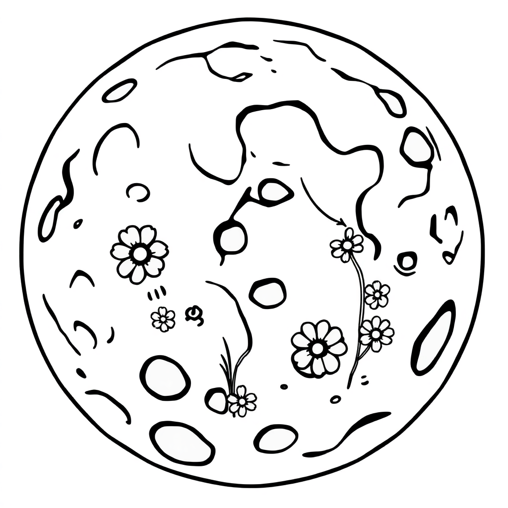 Moon Surface With Craters With Flowers Coloring Page