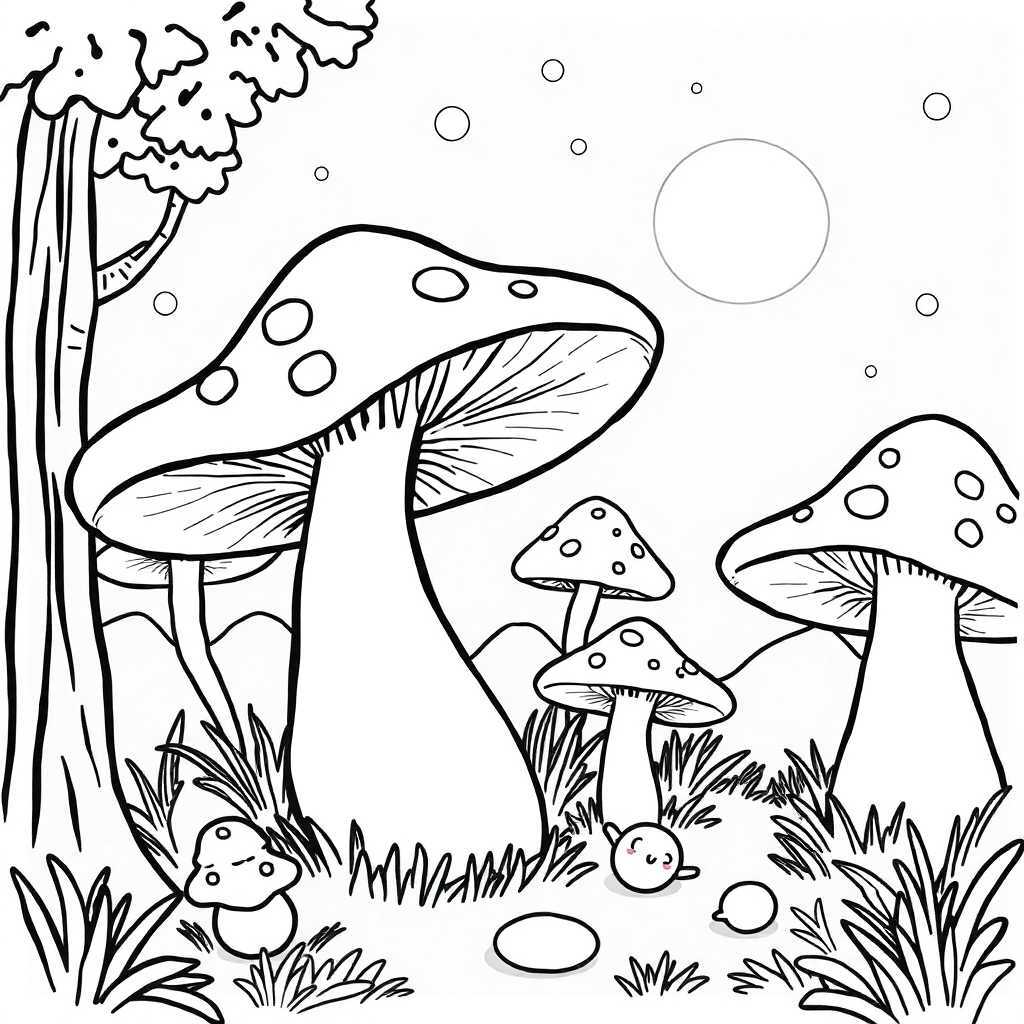 Mushroom Forest At Night Coloring Page