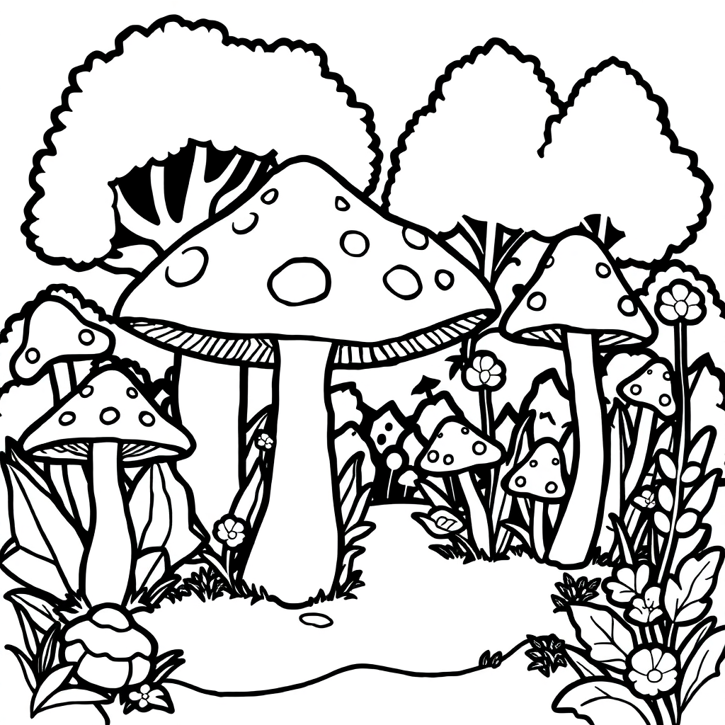 Mushroom Forest In Garden Coloring Page