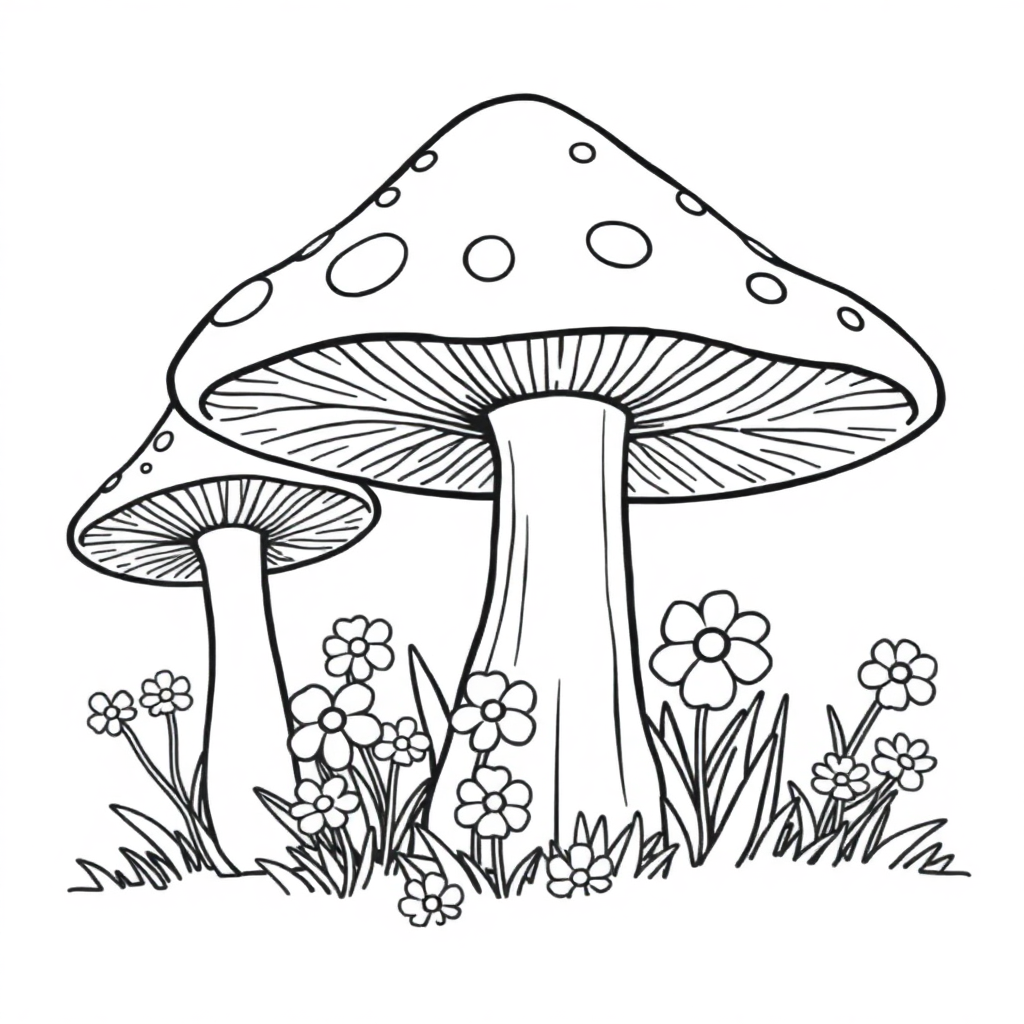 Mushroom Forest With Flowers Coloring Page