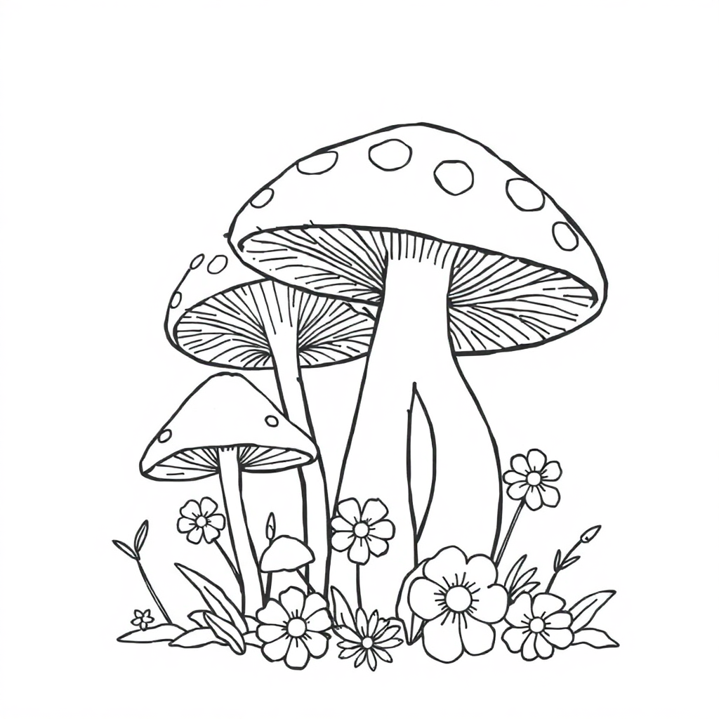 Mushrooms With Flowers Coloring Page