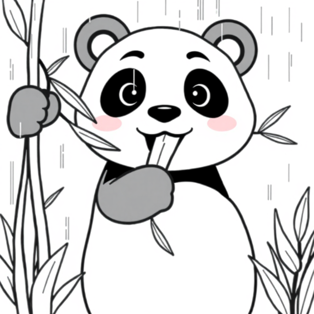 Panda Eating Bamboo In Rain Coloring Page