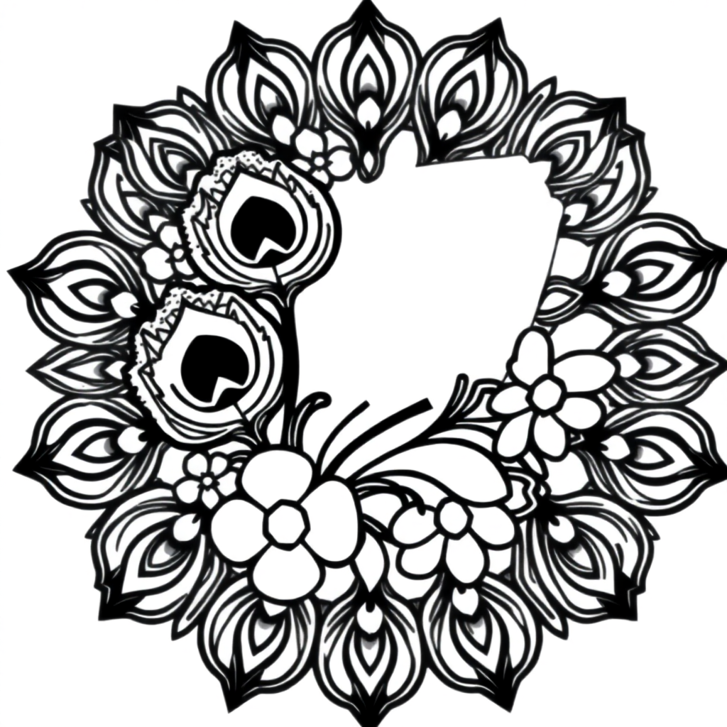 Peacock Feather Mandala With Flowers Coloring Page