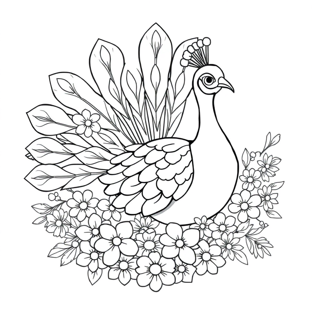 Peacock With Feathers Spread With Flowers Coloring Page