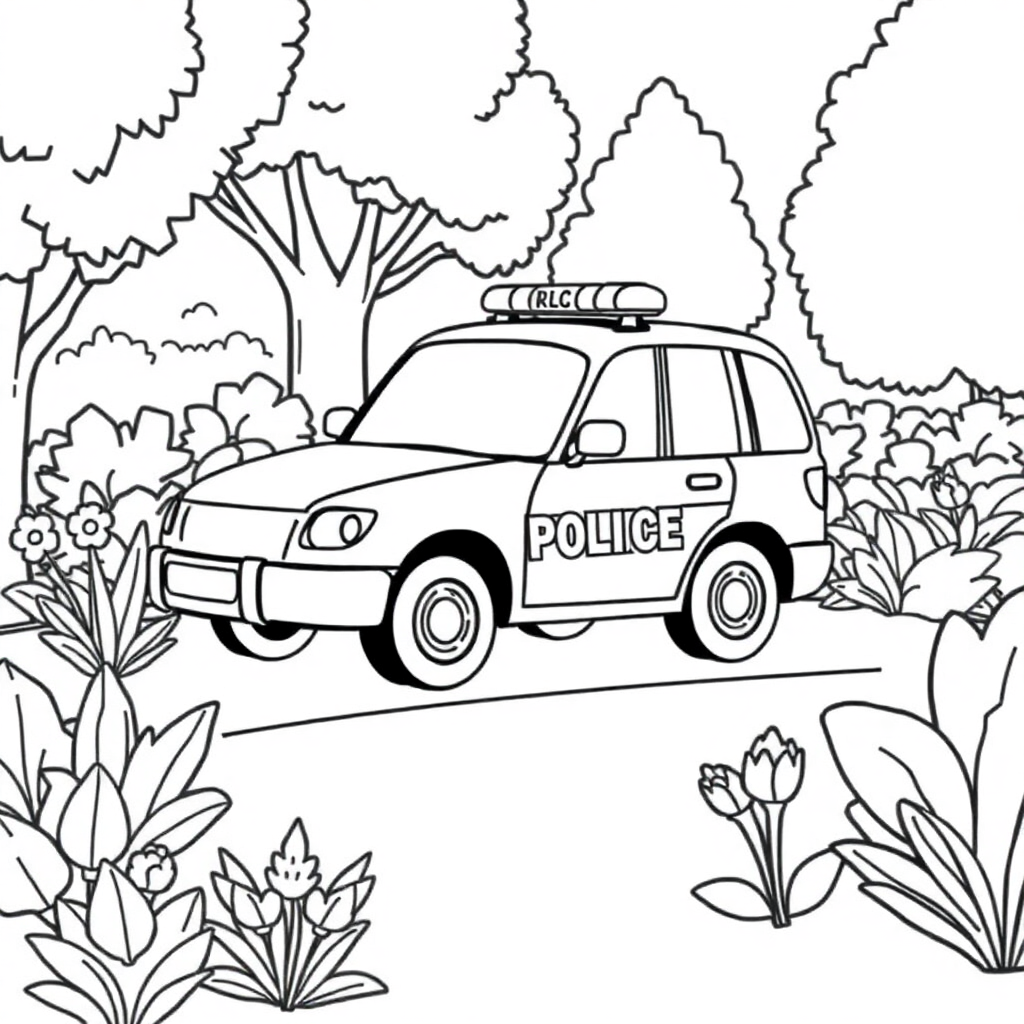 Police Car In Garden Coloring Page