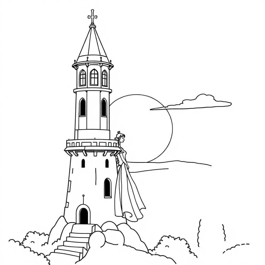 Princess In Tower At Sunset Coloring Page