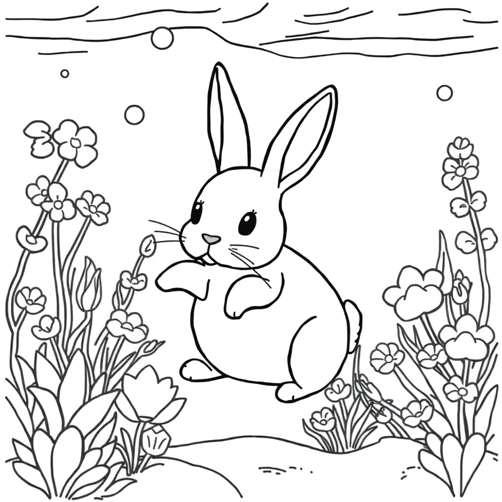 Rabbit In Garden Underwater Coloring Page