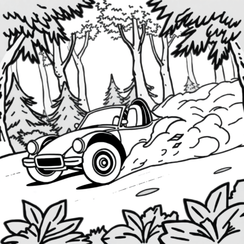 Race Car Speeding In Forest Coloring Page