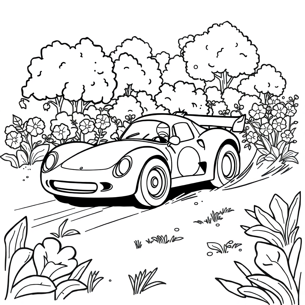 Race Car Speeding In Garden Coloring Page
