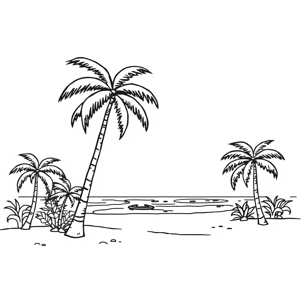 Realistic Beach With Palm Trees Coloring Page