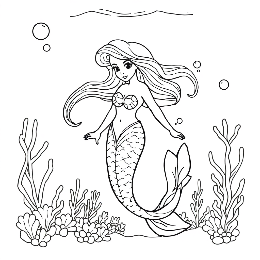 Realistic Mermaid Underwater Coloring Page
