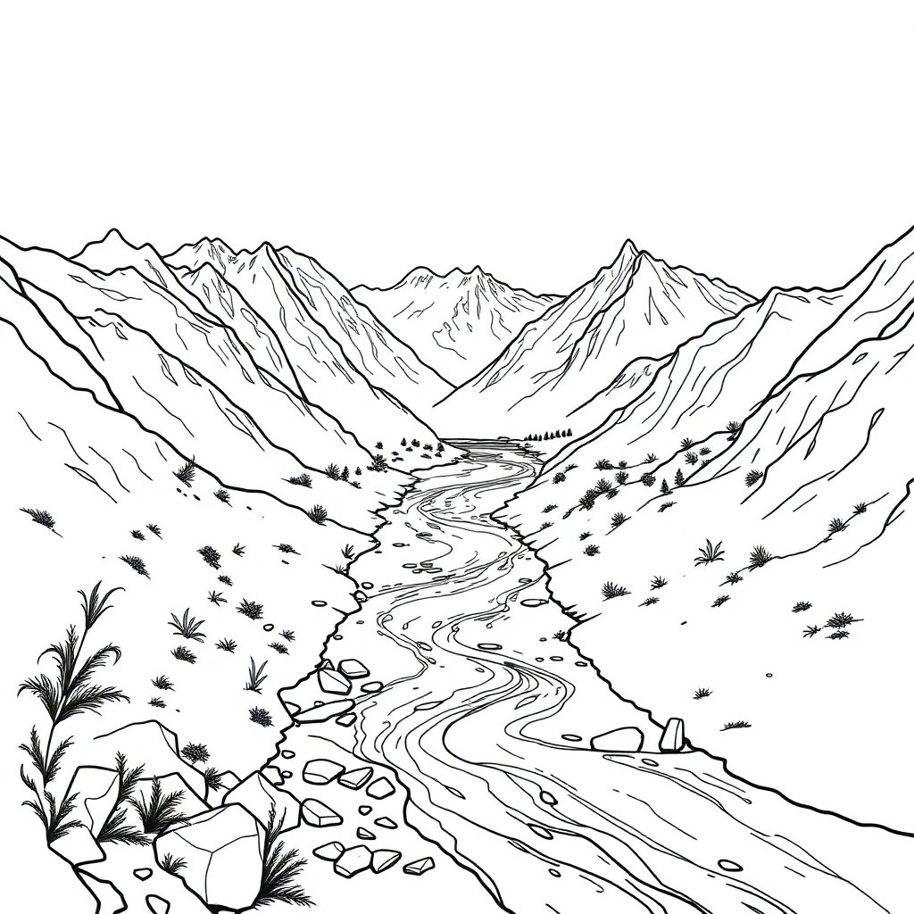 River Through Mountains Coloring Page