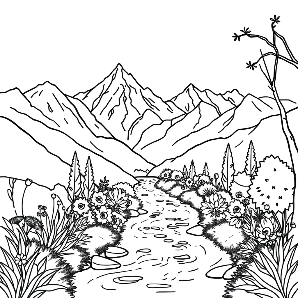 River Through Mountains In Garden Coloring Page