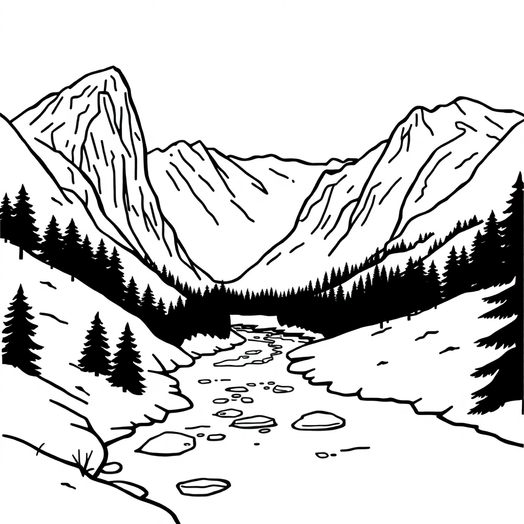 River Through Mountains In Winter Coloring Page