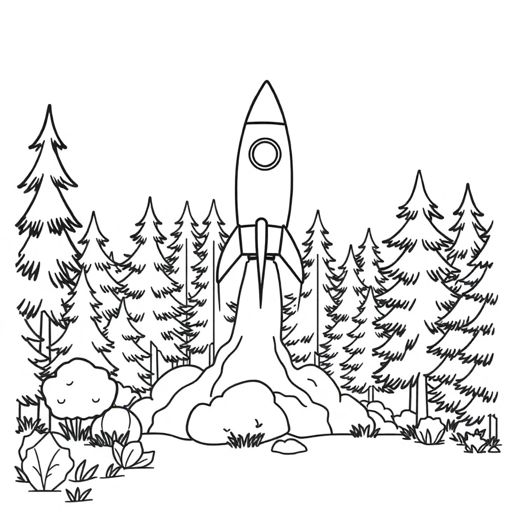 Rocket Launching In Forest Coloring Page