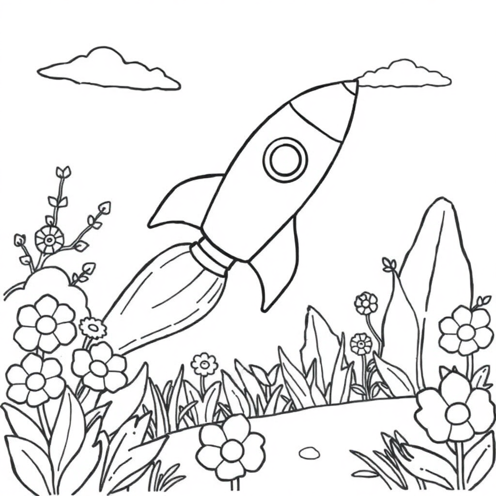 Rocket Ship Flying In Garden Coloring Page