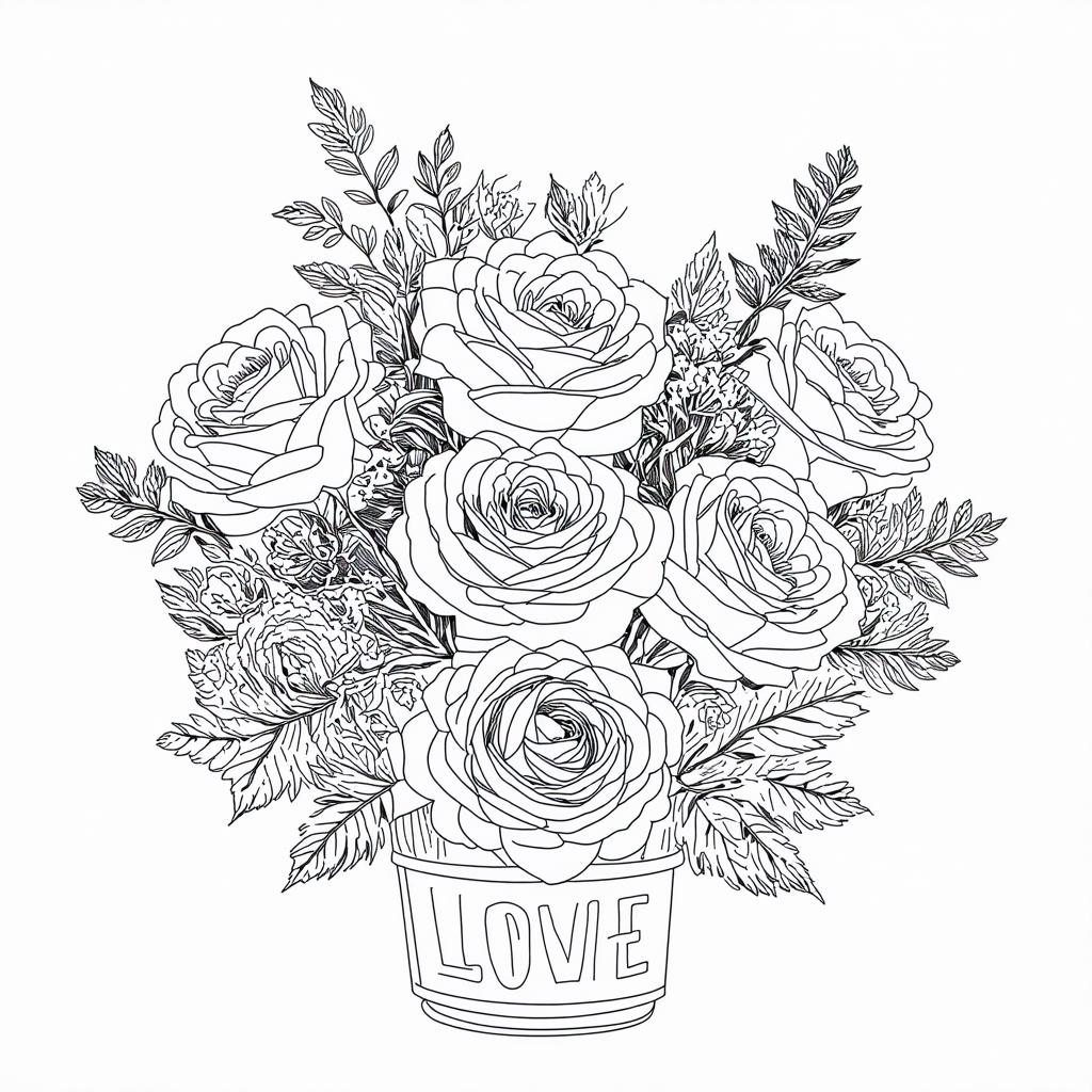 Rose Bouquet Valentines Coloring Page
