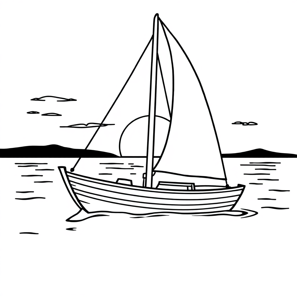 Sailboat On Water At Sunset Coloring Page