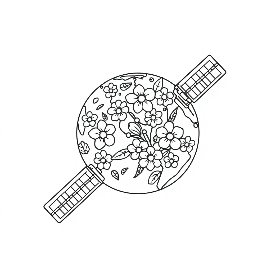 Satellite Orbiting Earth With Flowers Coloring Page