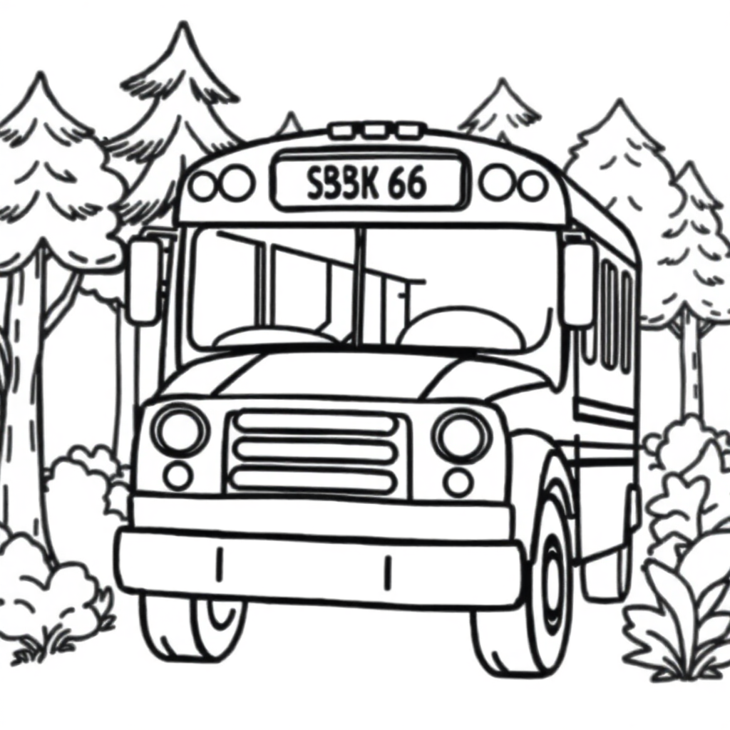 School Bus In Forest Coloring Page