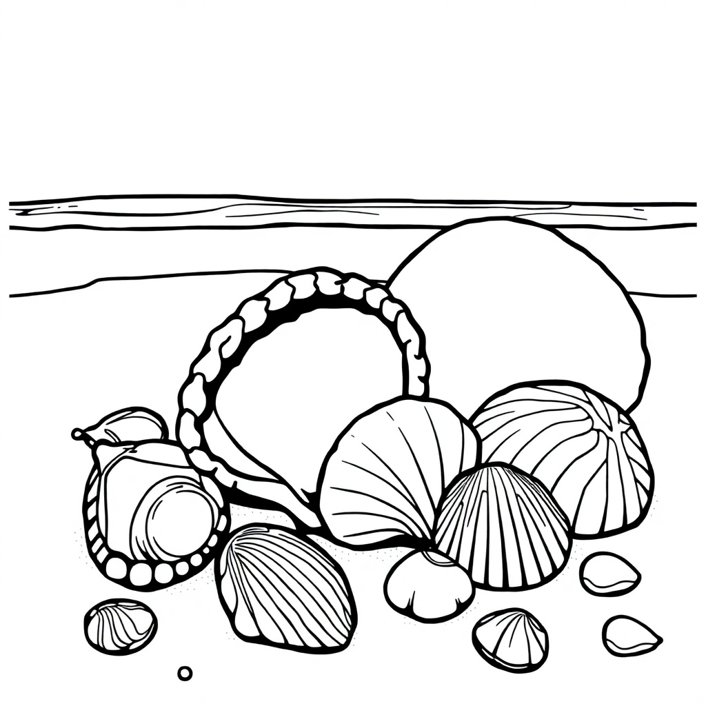 Seashells On Beach Coloring Page