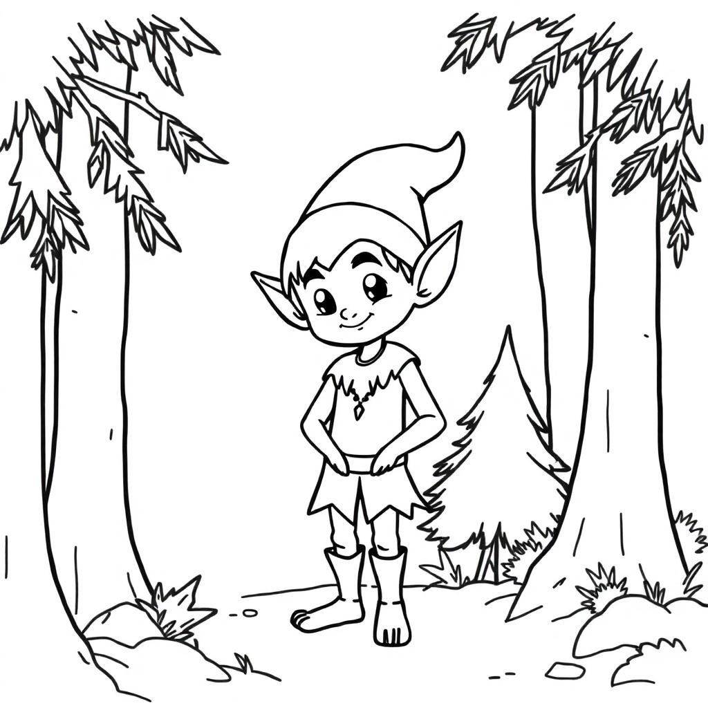 Simple Elf In Forest Coloring Page